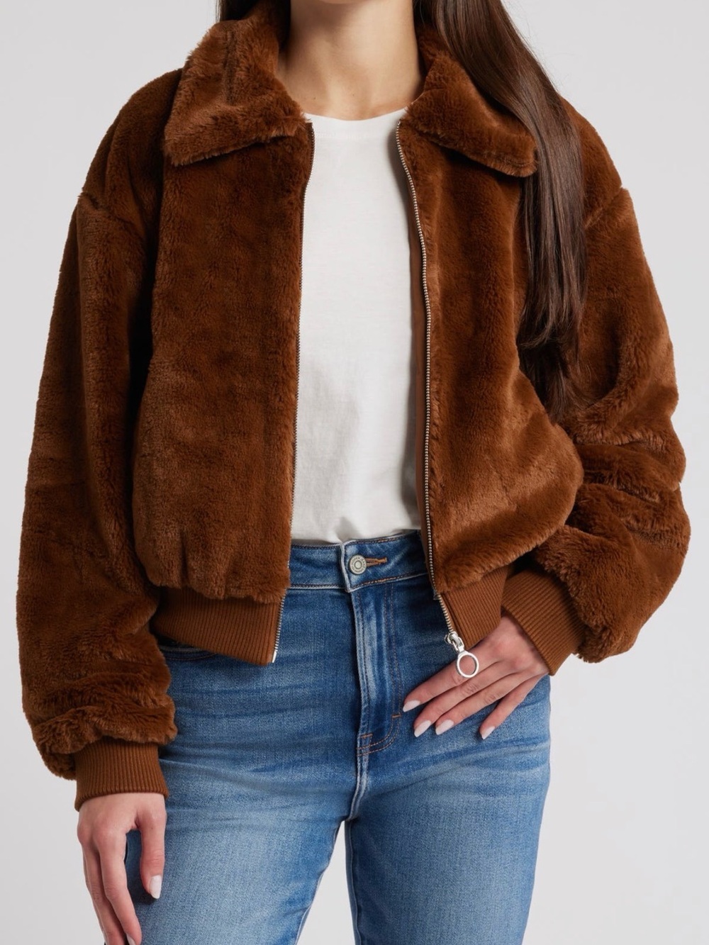 Thread & Supply Plush Faux-Fur Brown Bomber Jacket